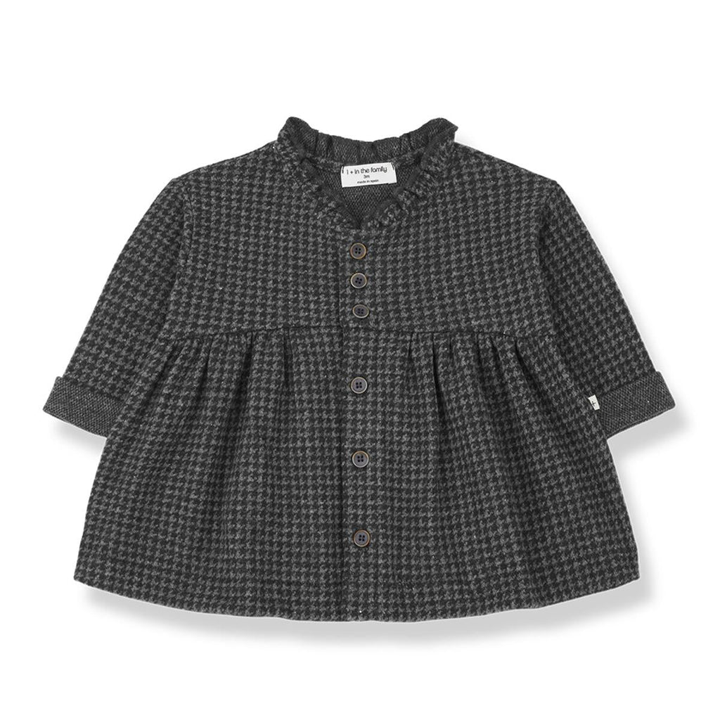 Anthracite Checkered Ruffle Collar Front Button Long Sleeve Dress
