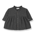 Anthracite Checkered Ruffle Collar Front Button Long Sleeve Dress
