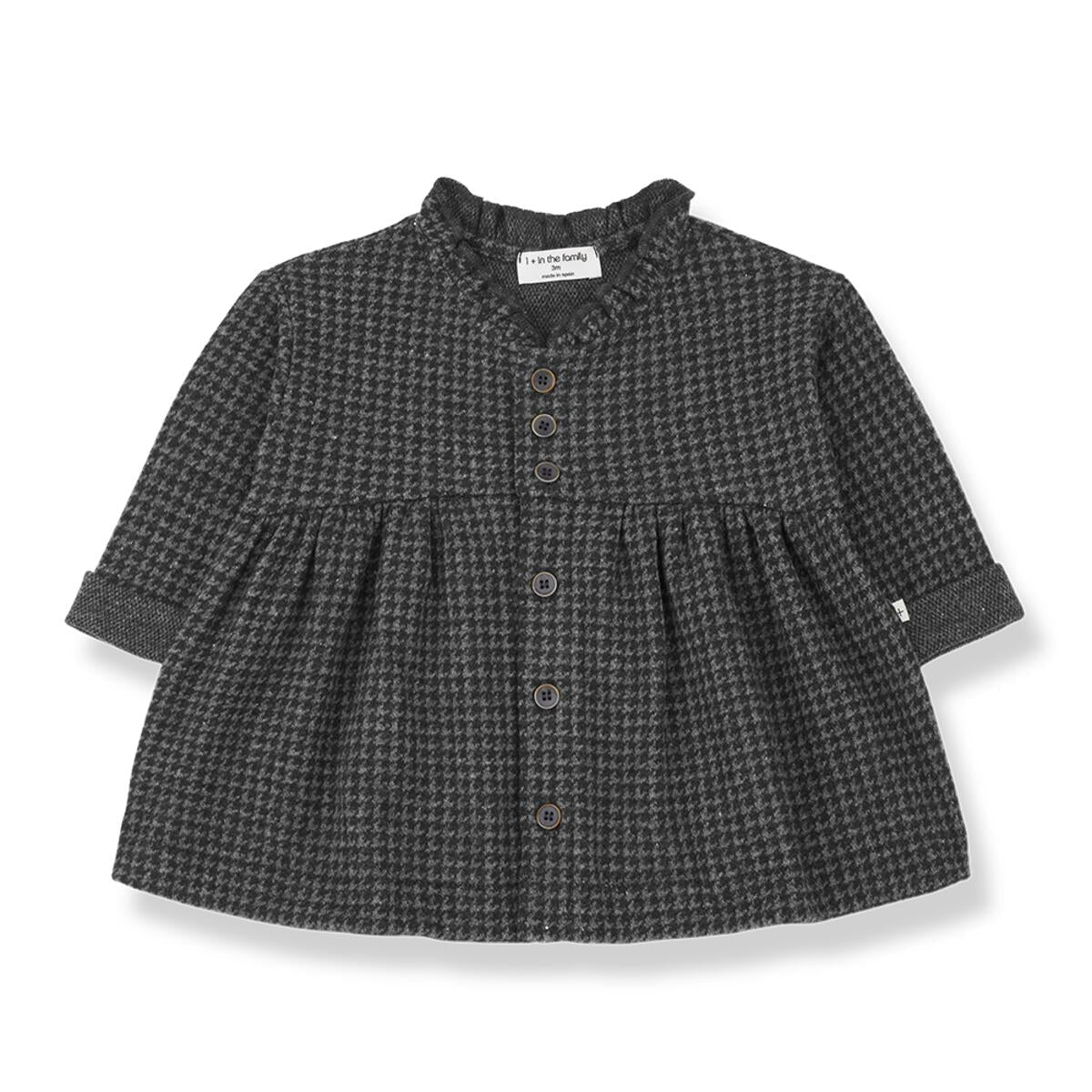 Anthracite Checkered Ruffle Collar Front Button Long Sleeve Dress