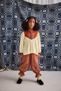 Raffia Cotton Poplin Gathered Yoke Balloon Sleeve Embroidered Top