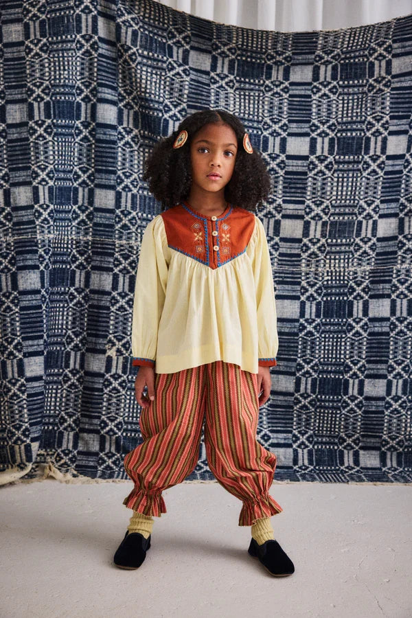 Raffia Cotton Poplin Gathered Yoke Balloon Sleeve Embroidered Top