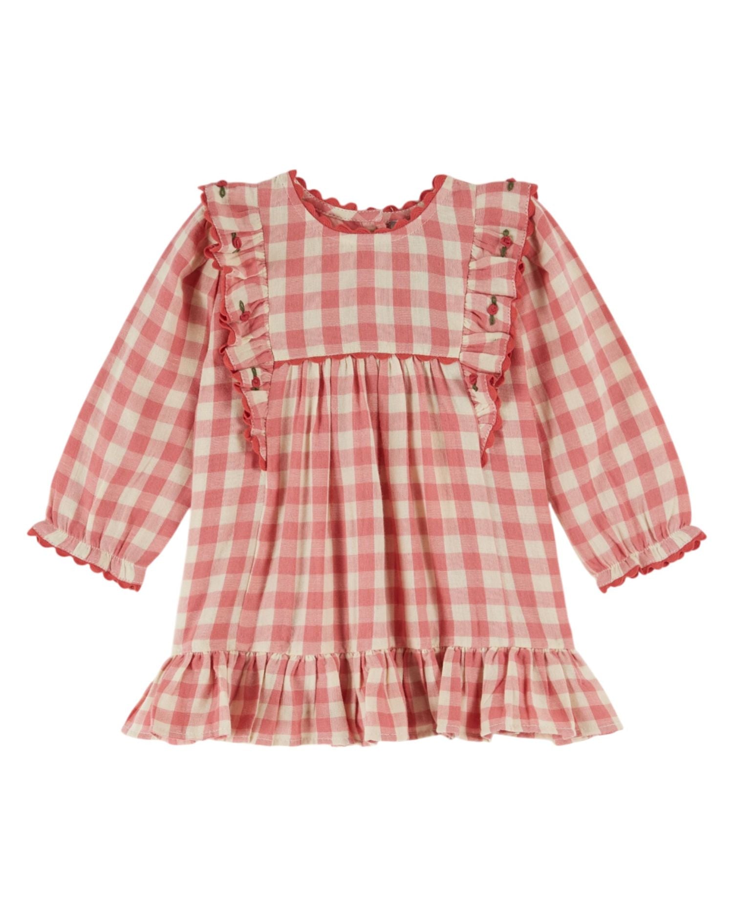 Gingham Vichy Gauze Dress with Embroidered Frills and Crochet Trim