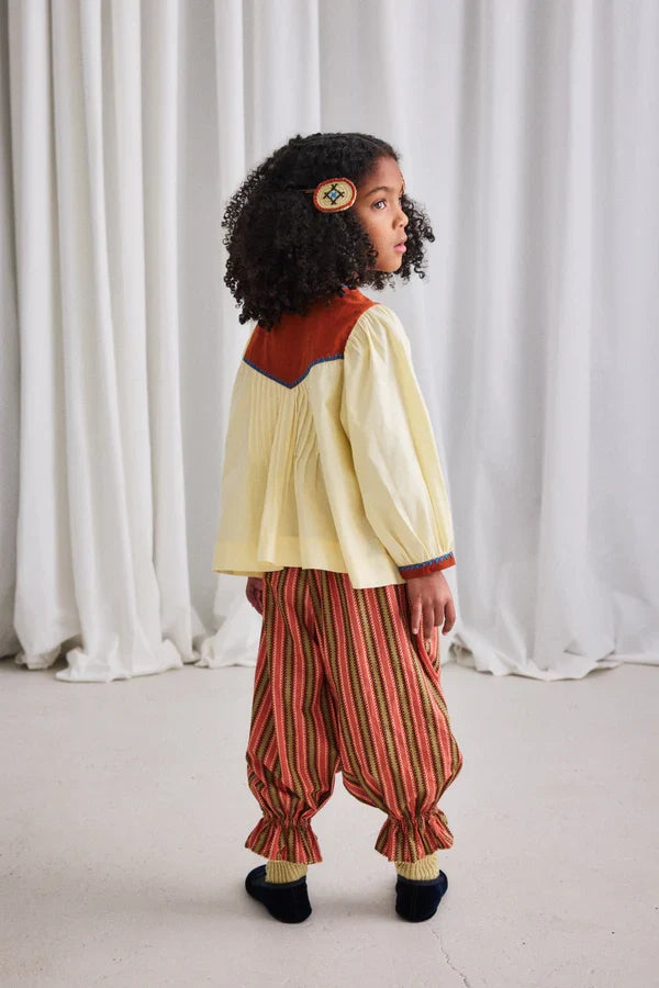 Raffia Cotton Poplin Gathered Yoke Balloon Sleeve Embroidered Top