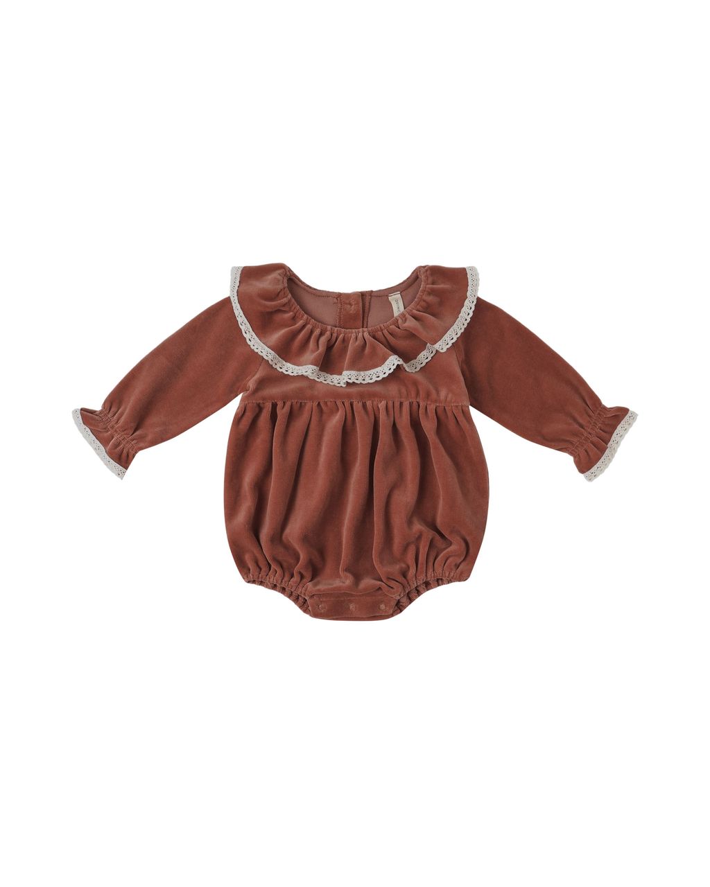 Cranberry Velour Ruffle Collar Lace Trim Long Sleeve Romper