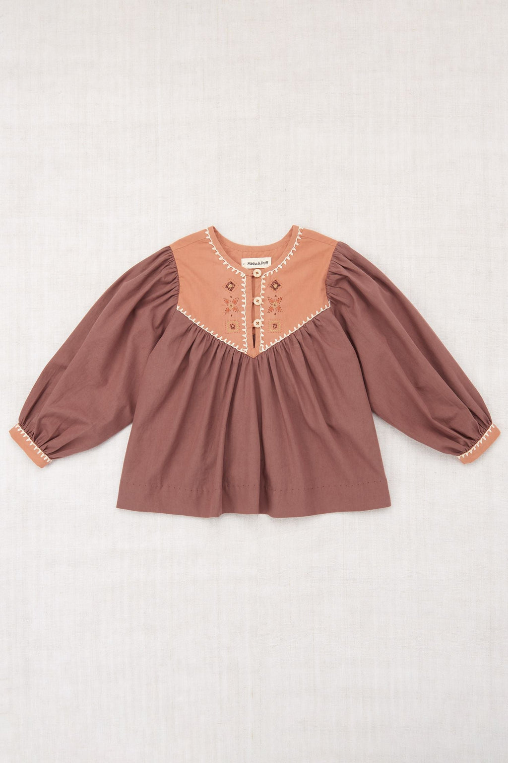 Mousse Cotton Poplin Gathered Yoke Balloon Sleeve Embroidered Top