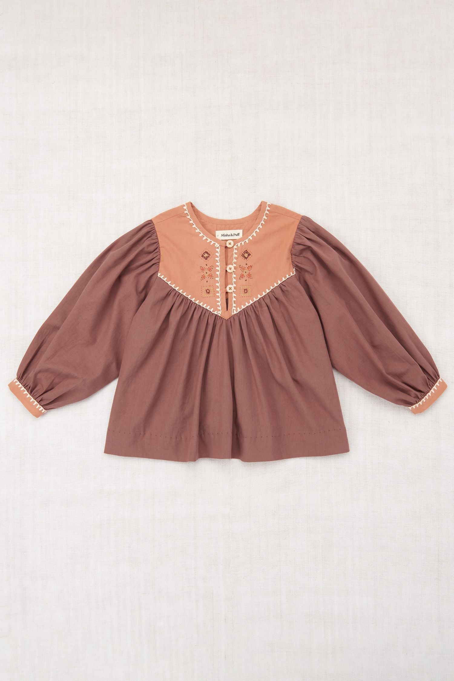 Mousse Cotton Poplin Gathered Yoke Balloon Sleeve Embroidered Top