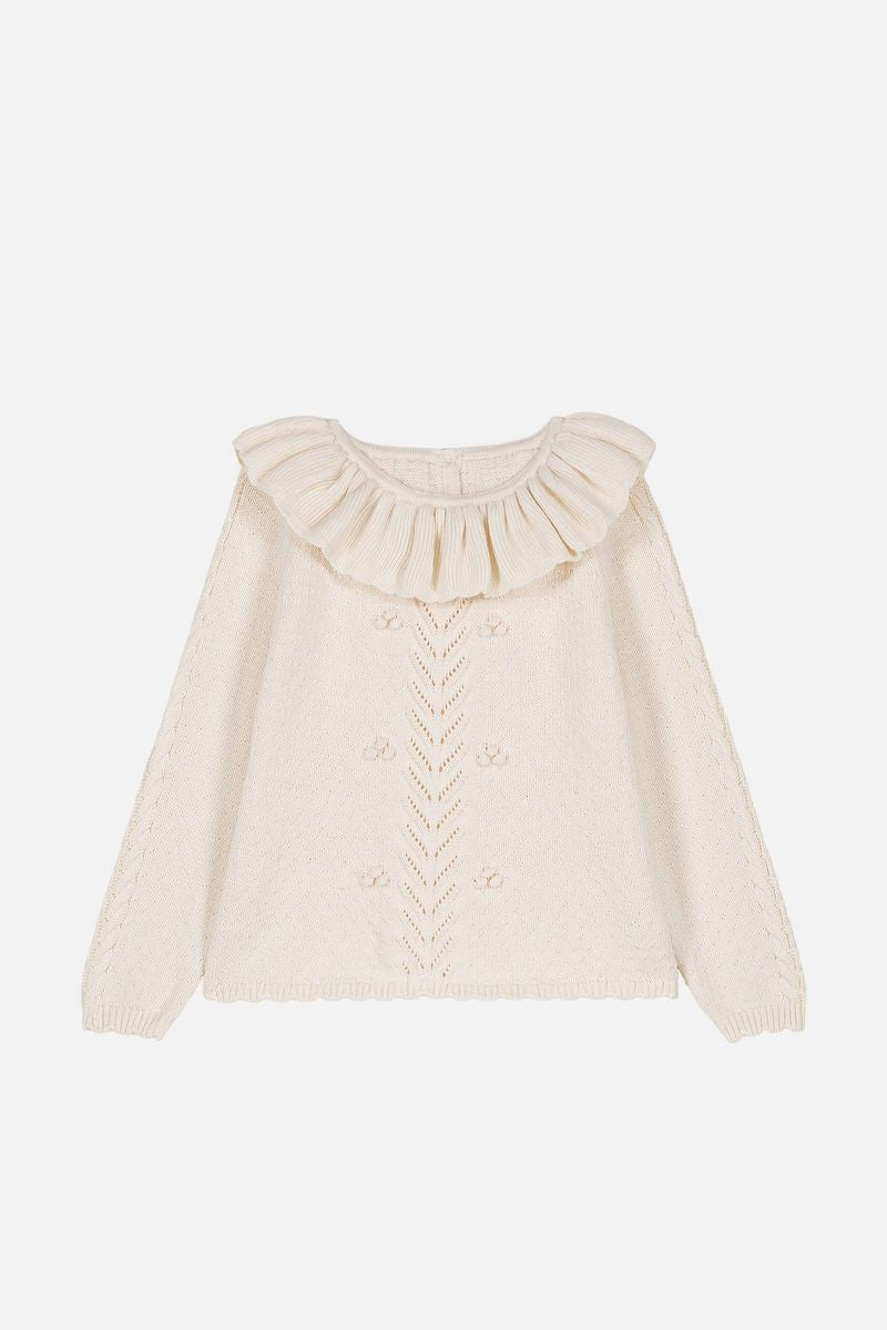 Cream Ruffled Pierrot Collar Pompom Knit Sweater