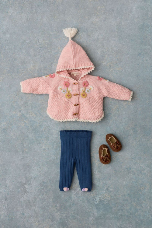 Blush Knit Cape with Hood and Pompom Detail