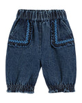 Harem Style Denim Baby Pants with Embroidered Patch Pockets
