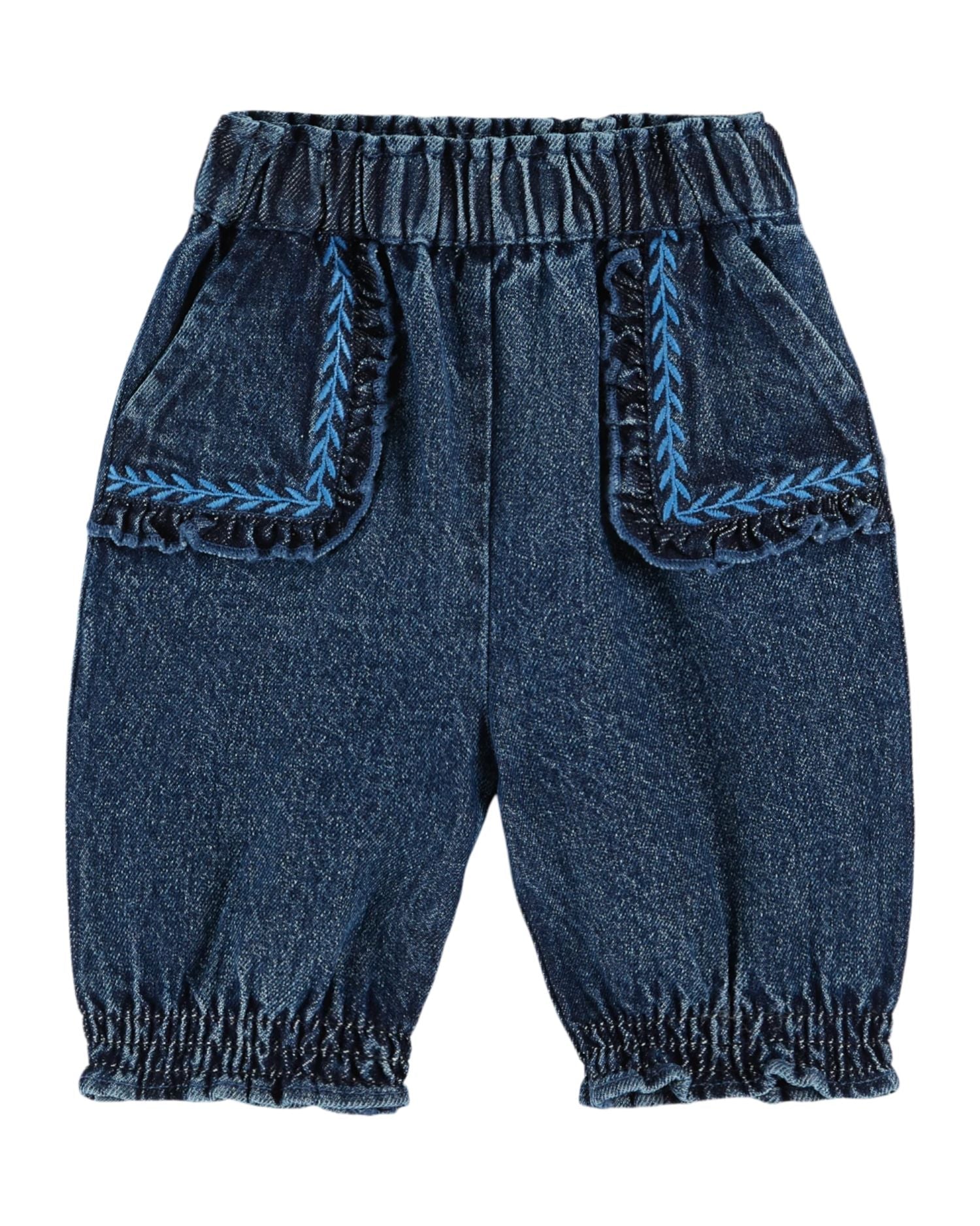 Harem Style Denim Baby Pants with Embroidered Patch Pockets