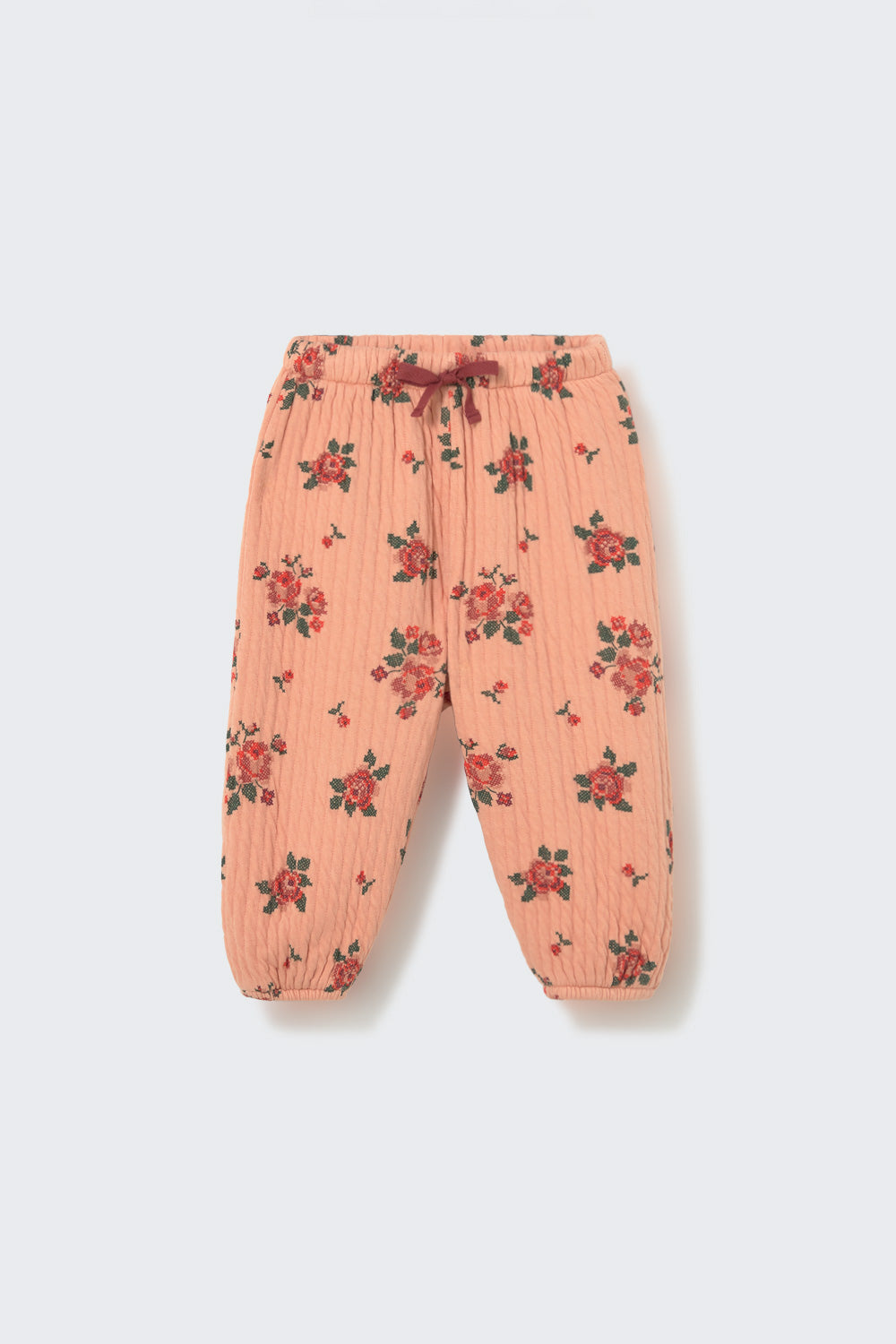 Floral Quilted Baby Pants with Bow Waist and Back Pocket