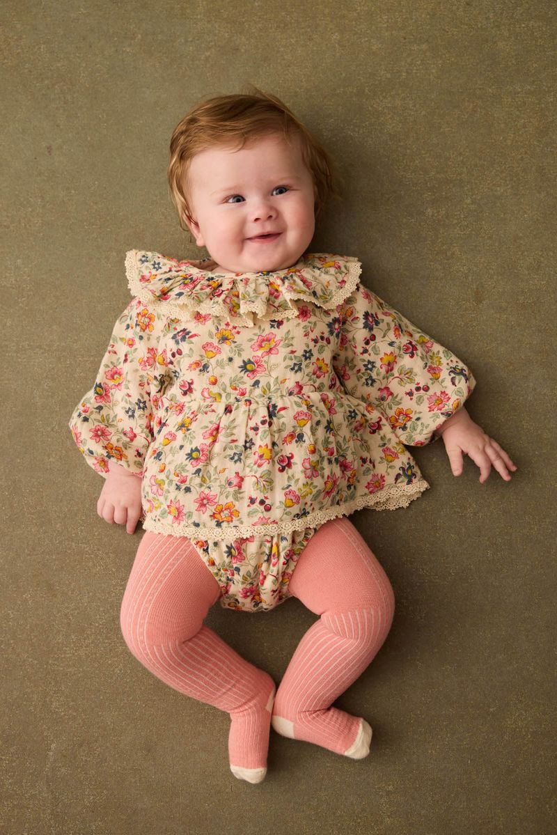 Cream Wild Flowers Ruffled Collar Lace Trim Romper