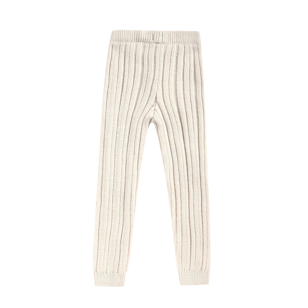 Cream Irregular Rib Knit Elastic Waist Scalloped Edge Leggings