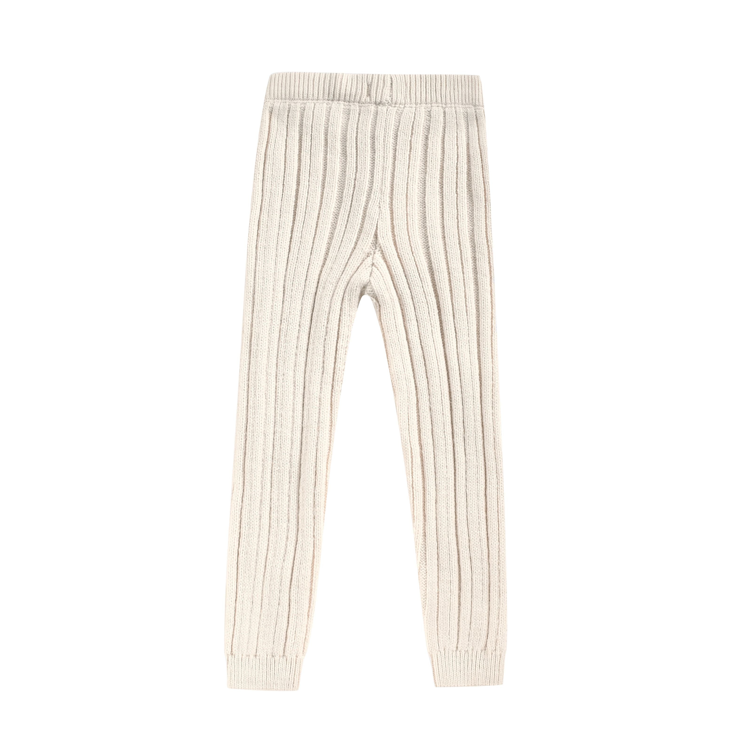 Cream Irregular Rib Knit Elastic Waist Scalloped Edge Leggings