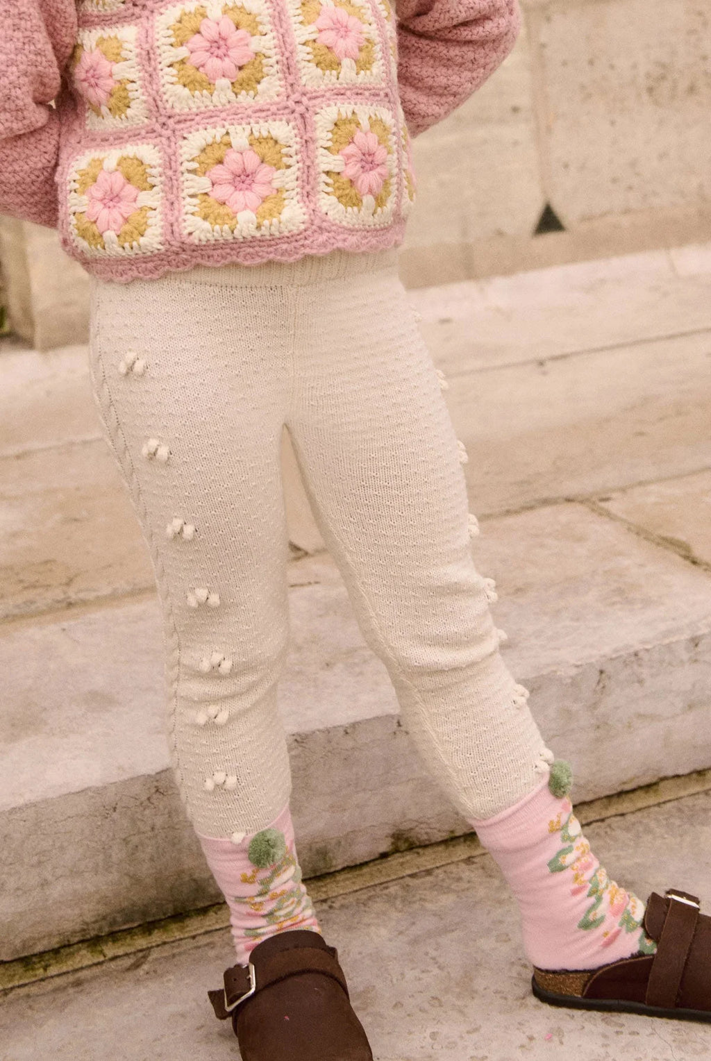 Cream Cable Knit Pompom Scalloped Edge Cotton Leggings