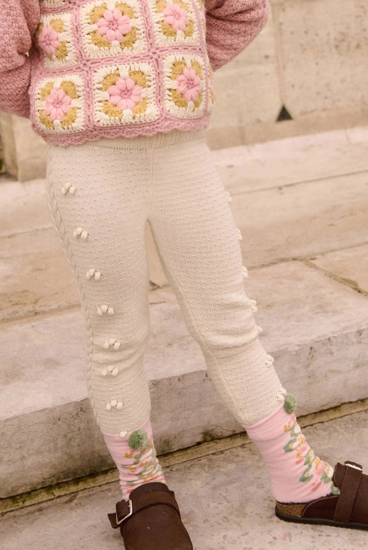 Cream Cable Knit Pompom Scalloped Edge Cotton Leggings