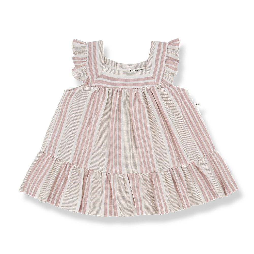 Light Striped Gauze Square Neck Ruffle Shoulder Dress