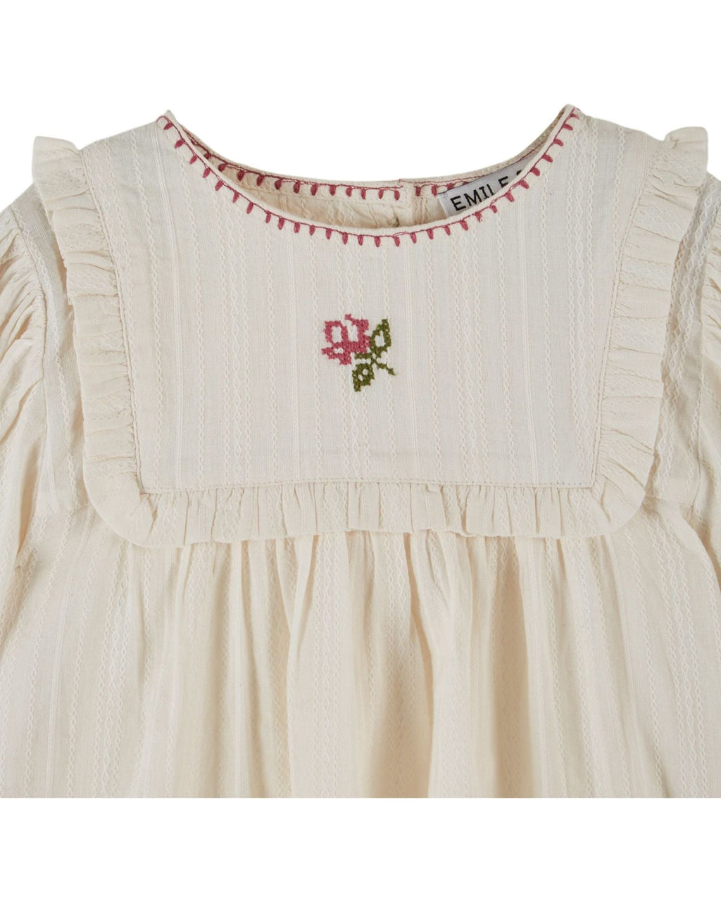 Creme Long Sleeve Scallop Neck Hand Embroidered Flower Blouse