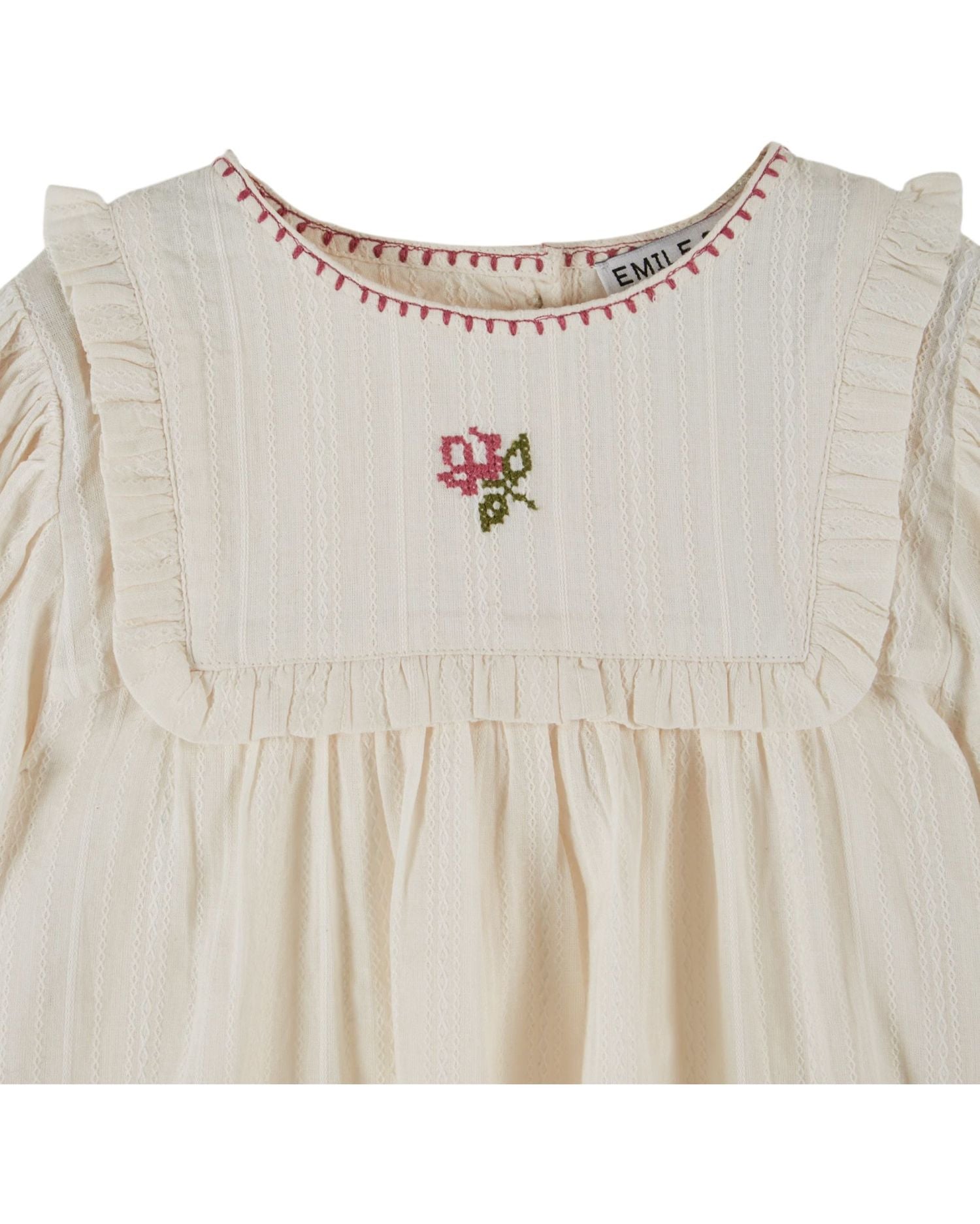Creme Long Sleeve Scallop Neck Hand Embroidered Flower Blouse