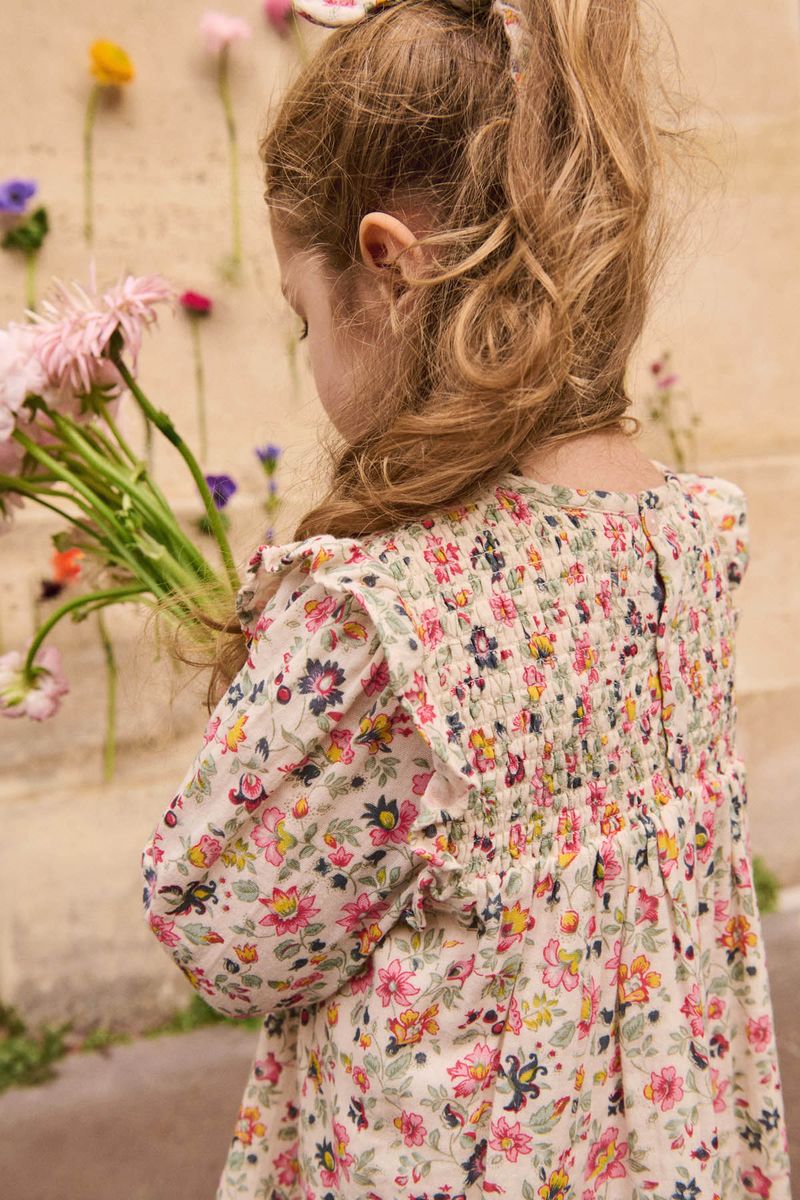 Cream Wild Flowers Double Gauze Smocked Ruffle Long Sleeve Dress