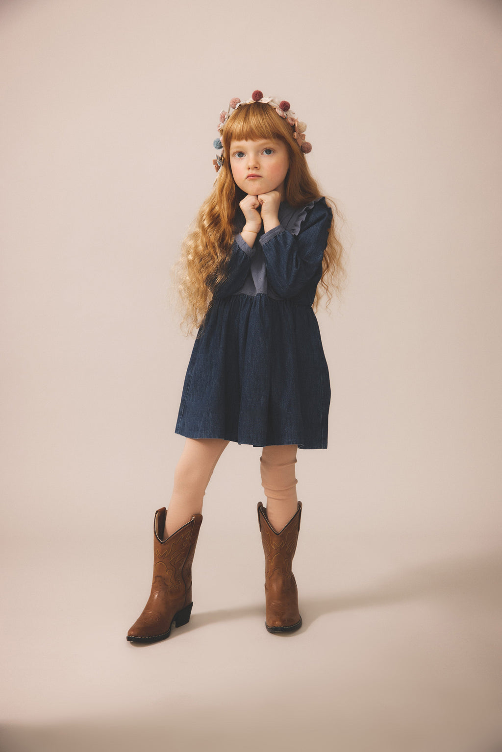 Eco Wash Denim Eyelet Yoke Full Sleeve Babydoll Dress