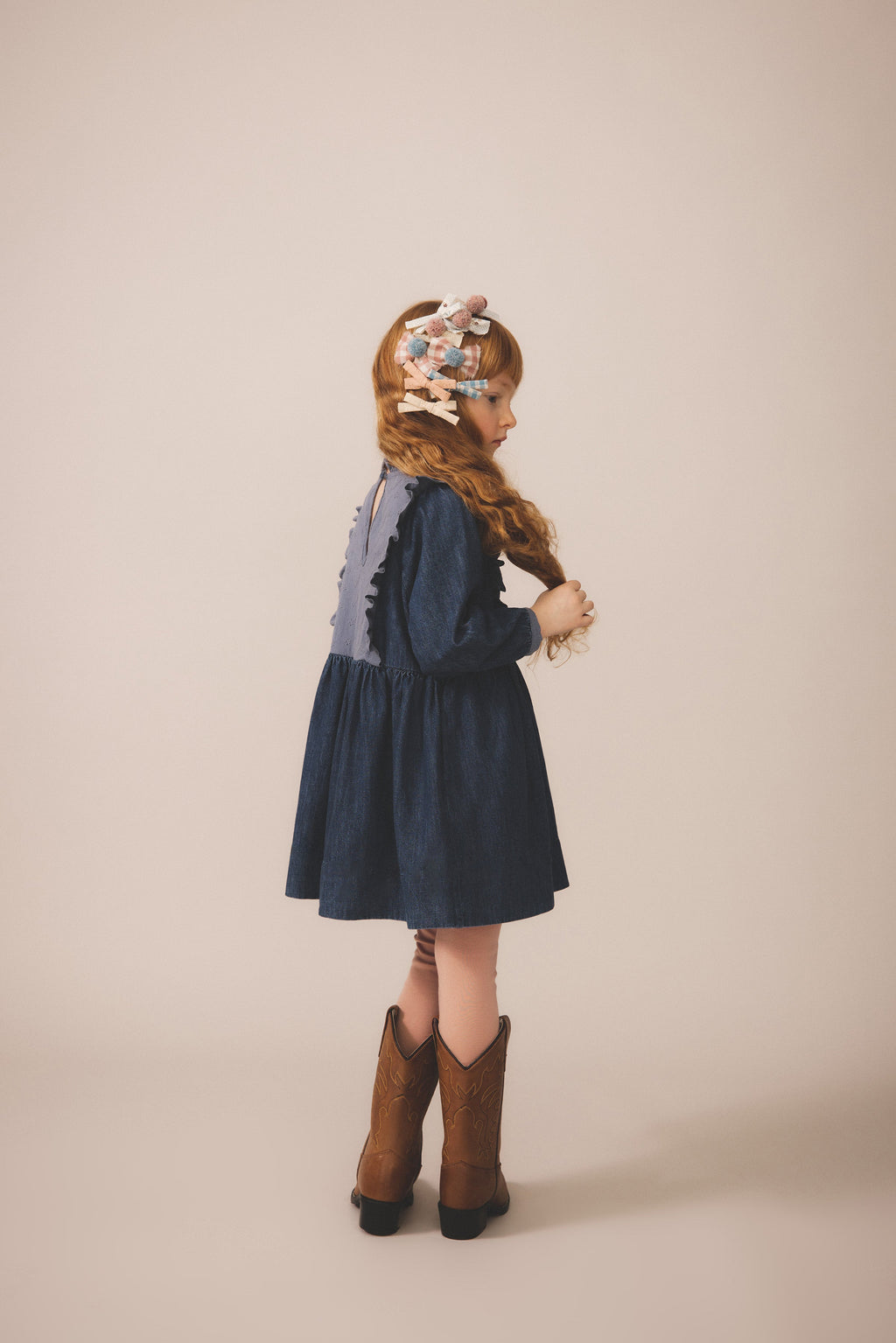 Eco Wash Denim Eyelet Yoke Full Sleeve Babydoll Dress