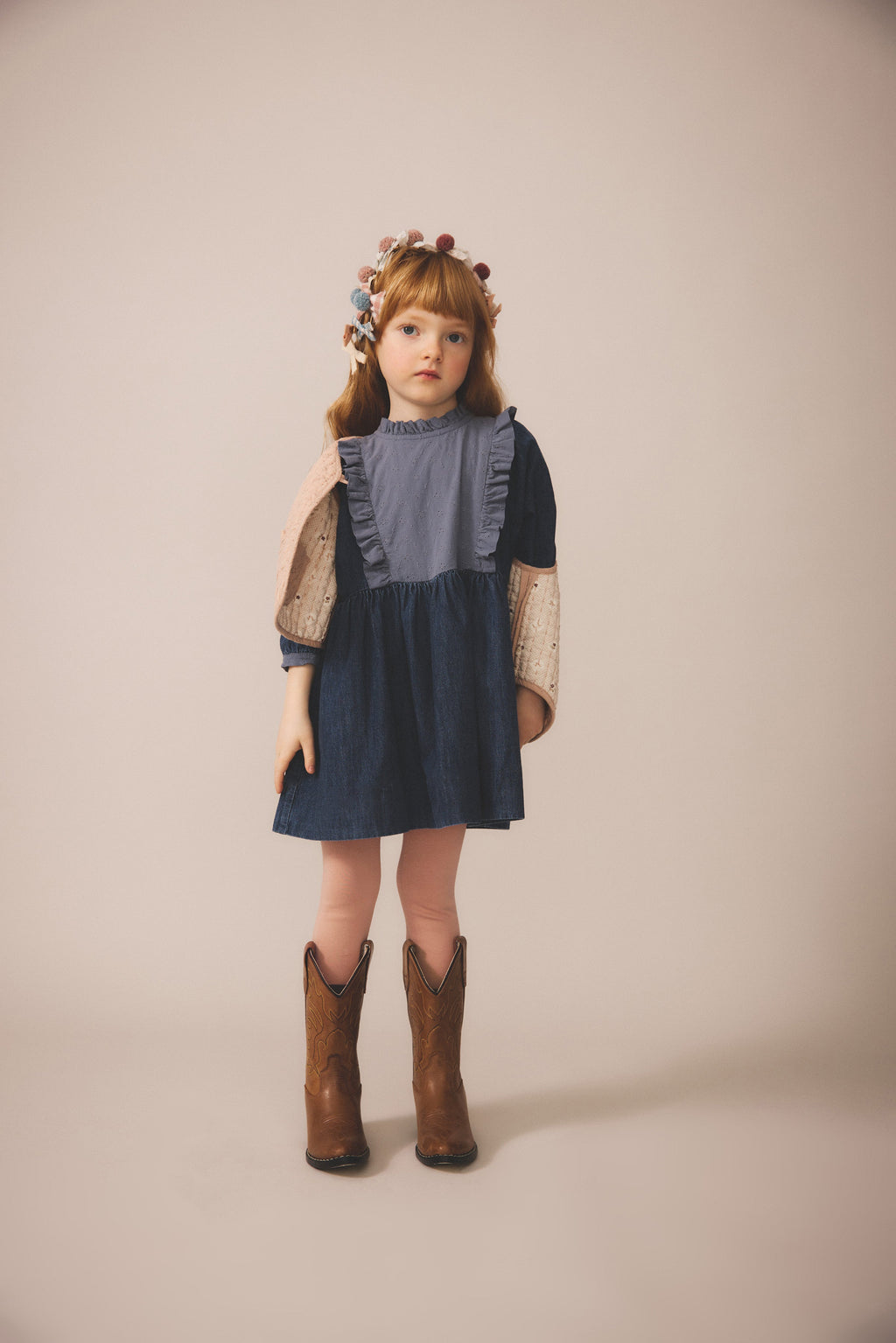 Eco Wash Denim Eyelet Yoke Full Sleeve Babydoll Dress