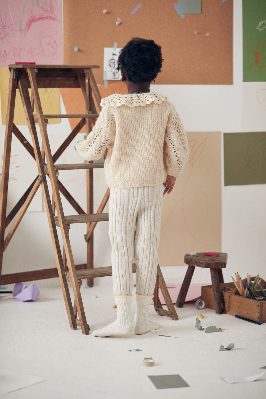 Cream Irregular Rib Knit Elastic Waist Scalloped Edge Leggings