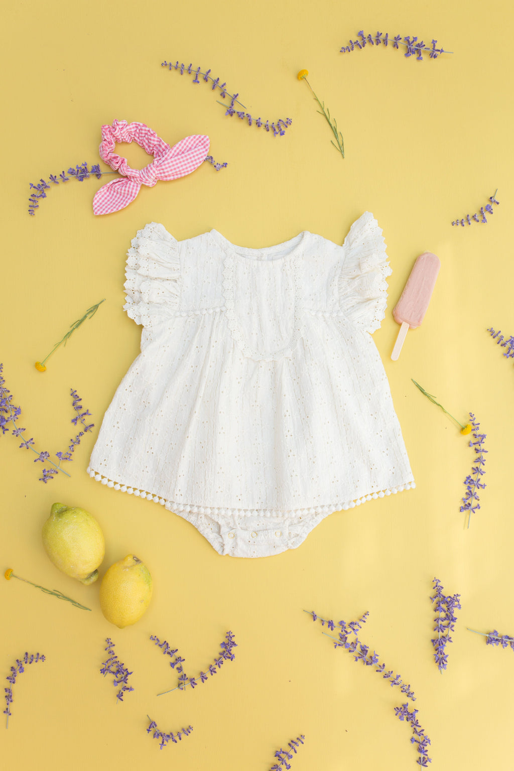 Cream Eyelet Embroidery Voile Lurex Stripe Dress Romper