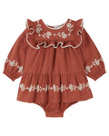 Embroidered Ruffled Sailor Collar Romper Dress Griotte