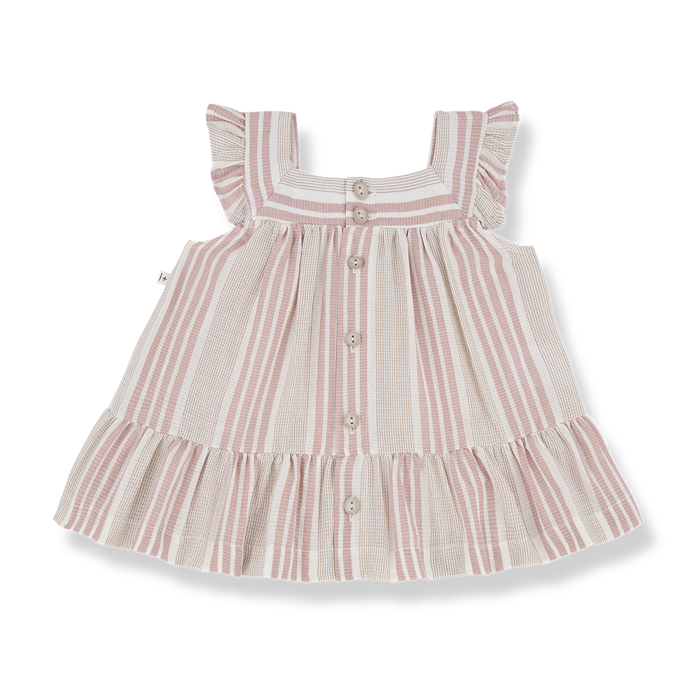 Light Striped Gauze Square Neck Ruffle Shoulder Dress