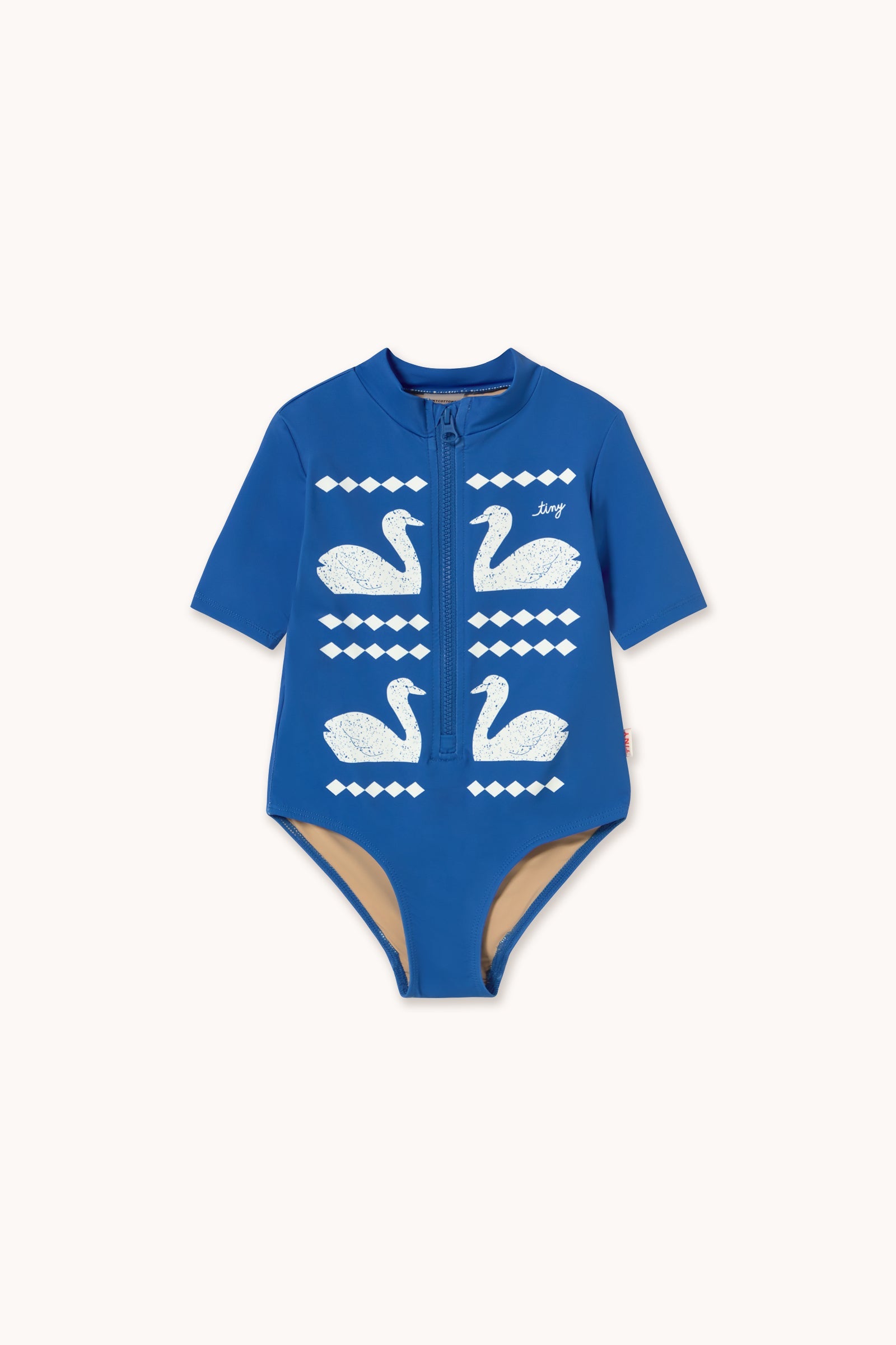 Blue Swans Print Mock Neck Front Zip Short Sleeve Swimsuit