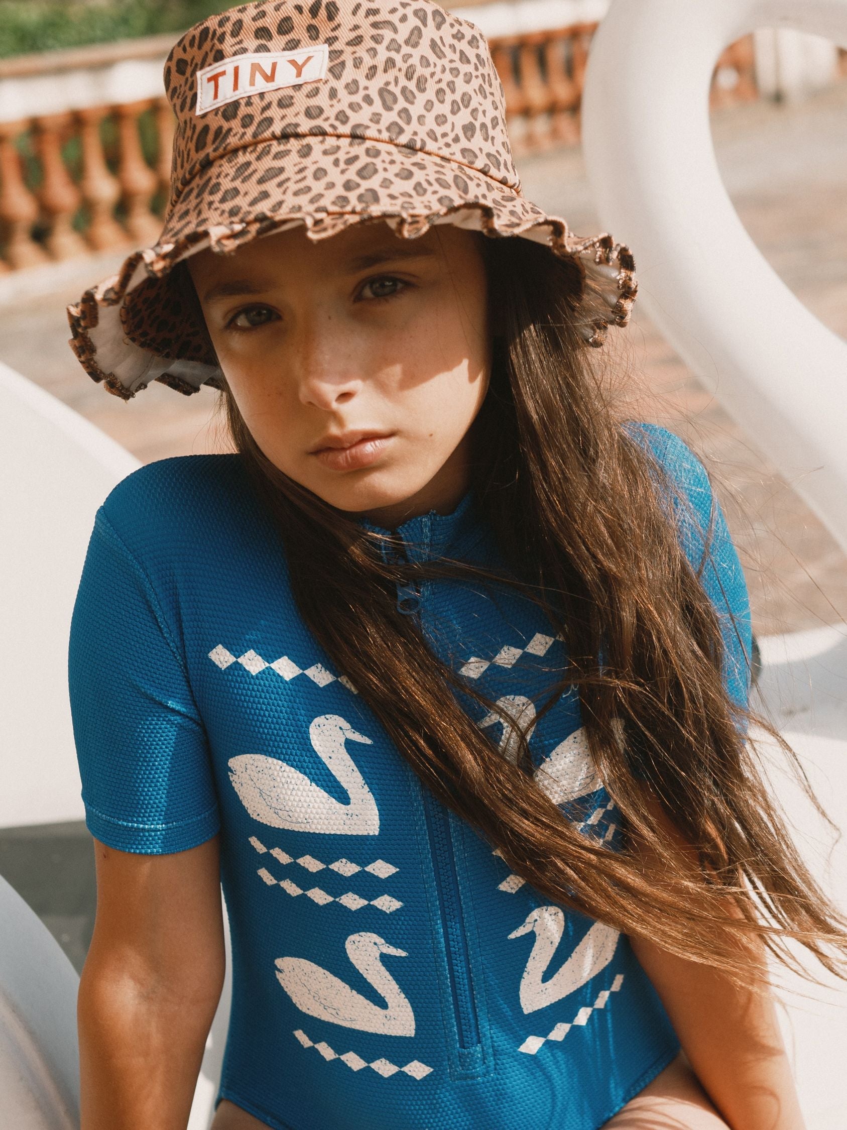 Blue Swans Print Mock Neck Front Zip Short Sleeve Swimsuit