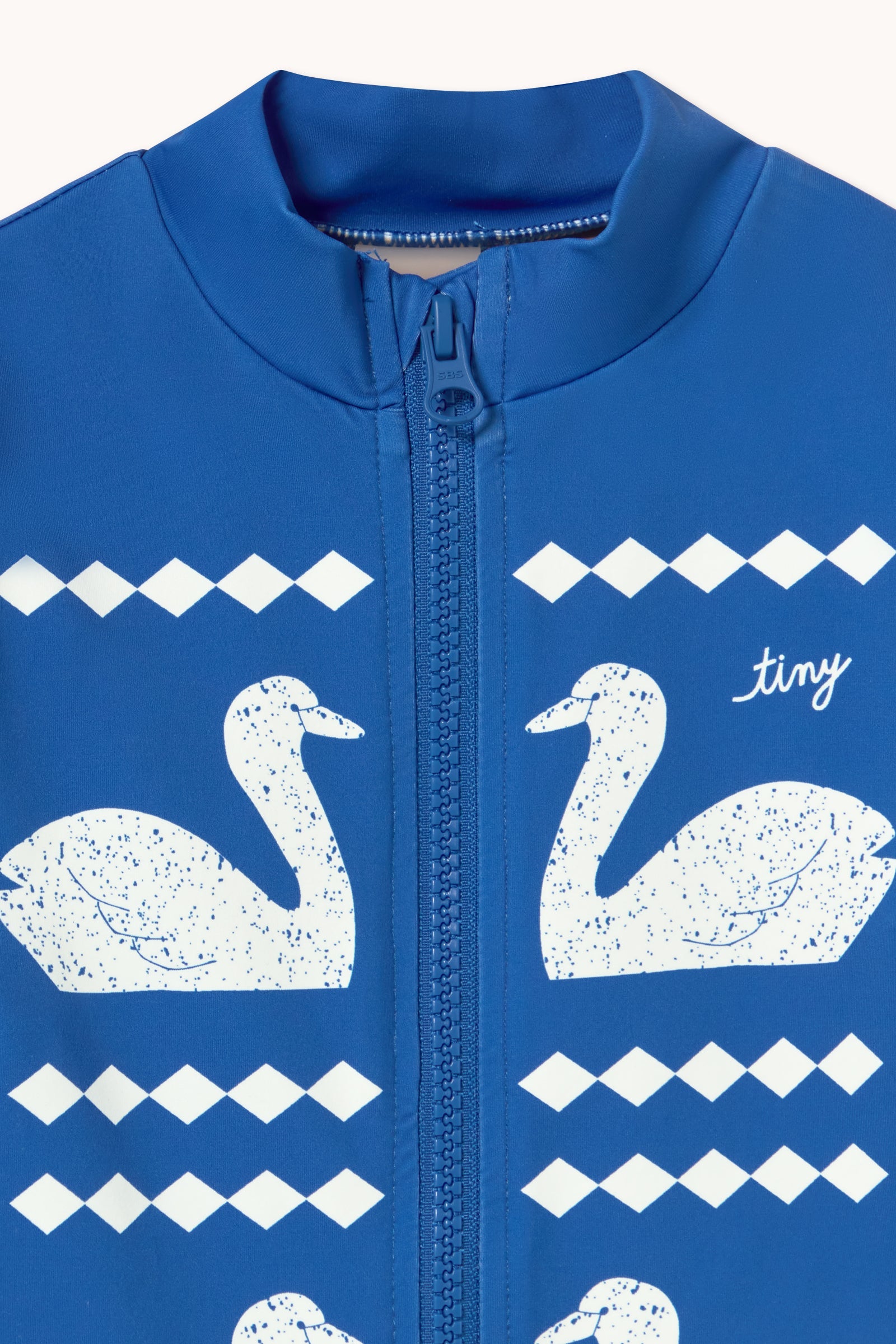 Blue Swans Print Mock Neck Front Zip Short Sleeve Swimsuit