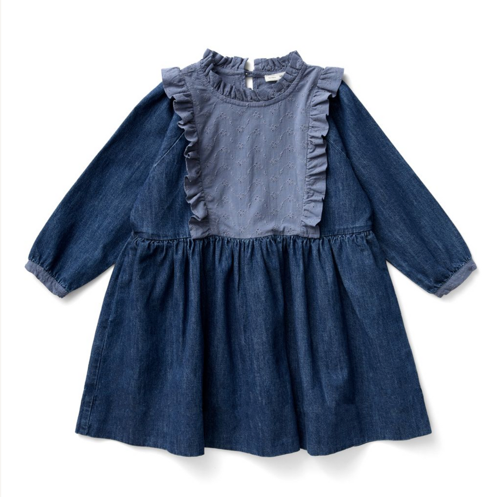 Eco Wash Denim Eyelet Yoke Full Sleeve Babydoll Dress