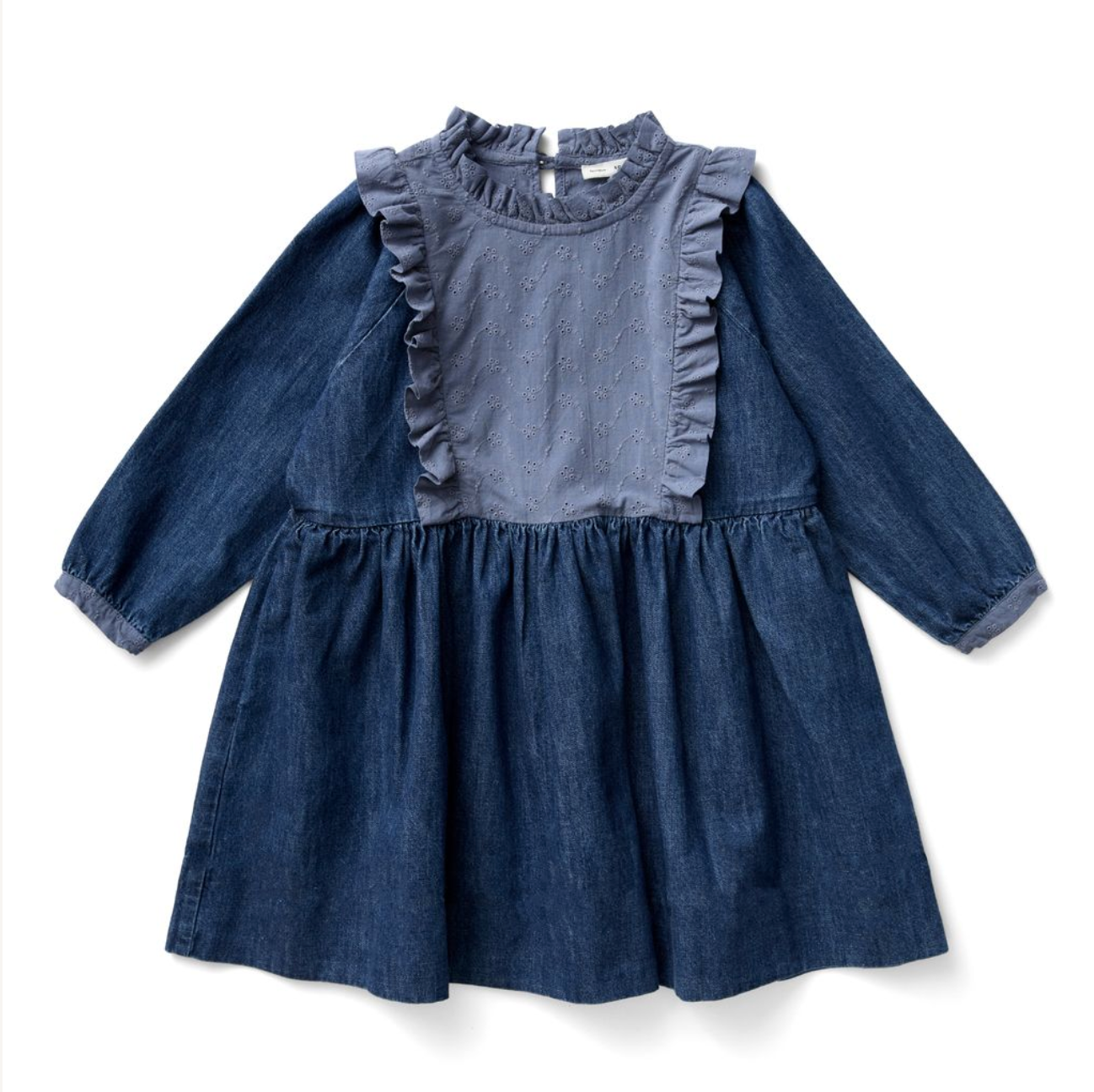 Eco Wash Denim Eyelet Yoke Full Sleeve Babydoll Dress