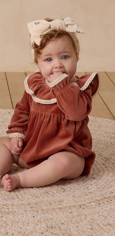 Cranberry Velour Ruffle Collar Lace Trim Long Sleeve Romper