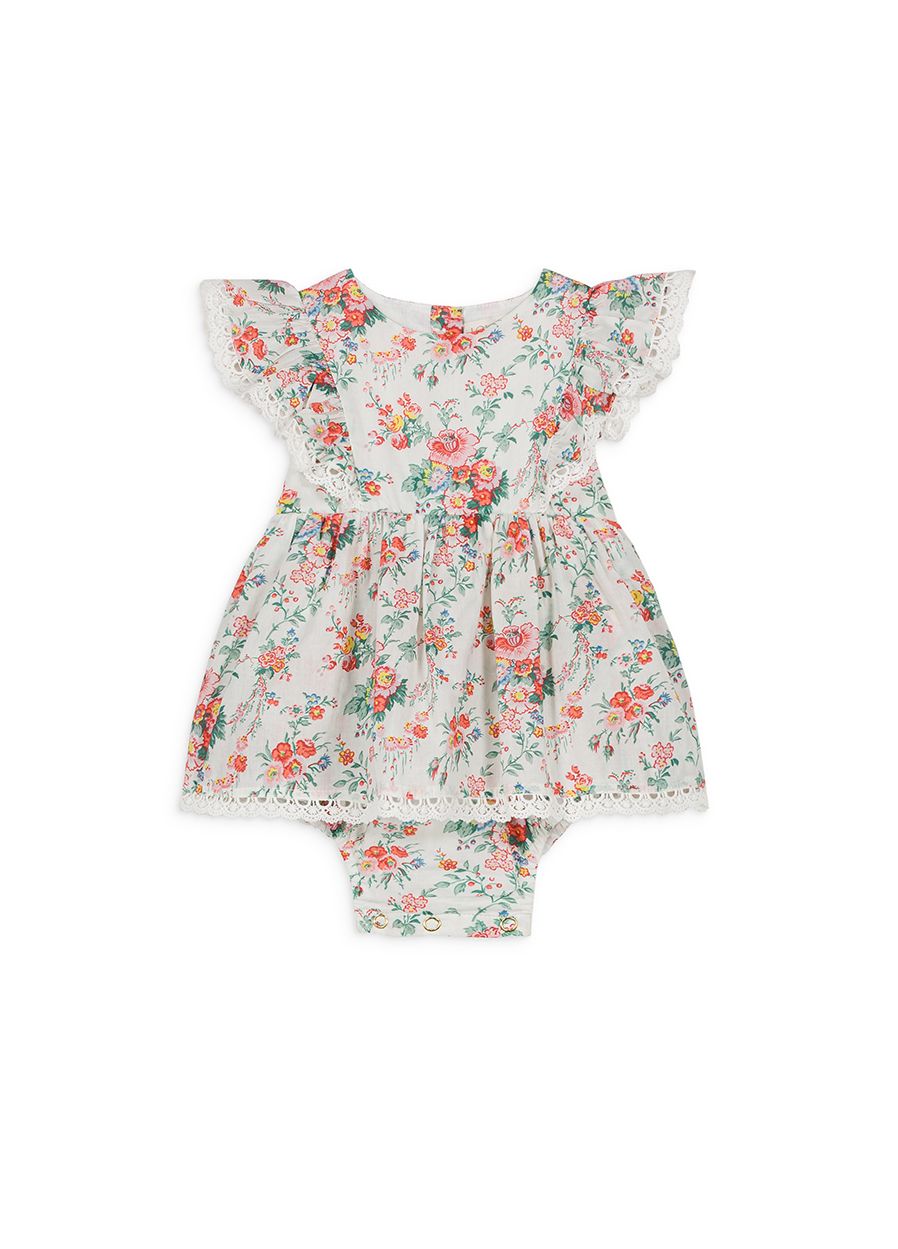 Cream Bohemian Flounce Lace Snap Crotch Dress Romper