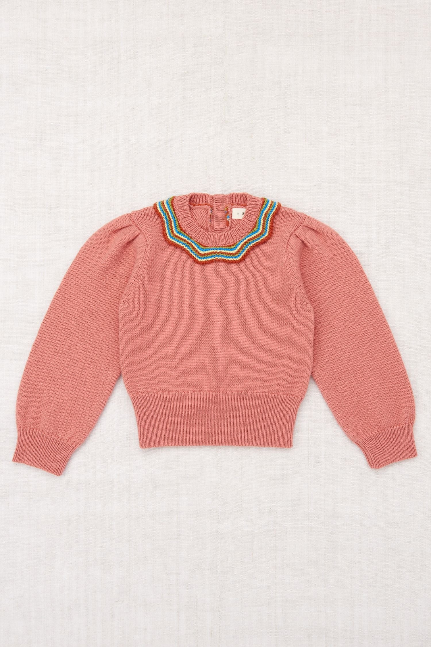Rosewood Merino Wool Puff Sleeve Chevron Collar Cropped Sweater