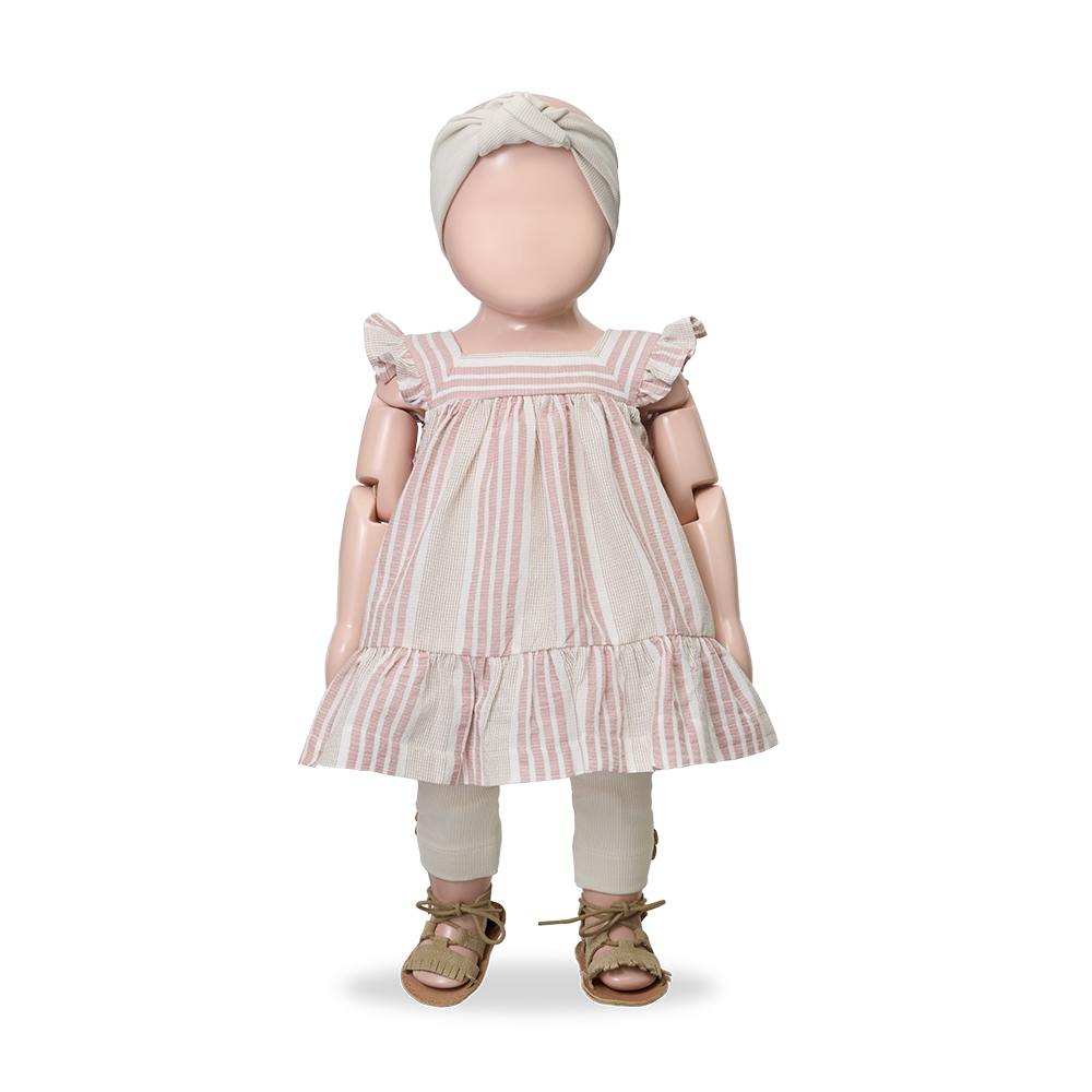 Light Striped Gauze Square Neck Ruffle Shoulder Dress