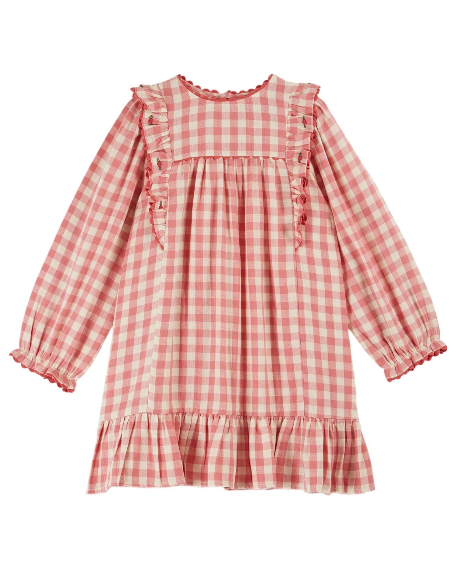 Gingham Vichy Gauze Dress with Embroidered Frills and Crochet Trim