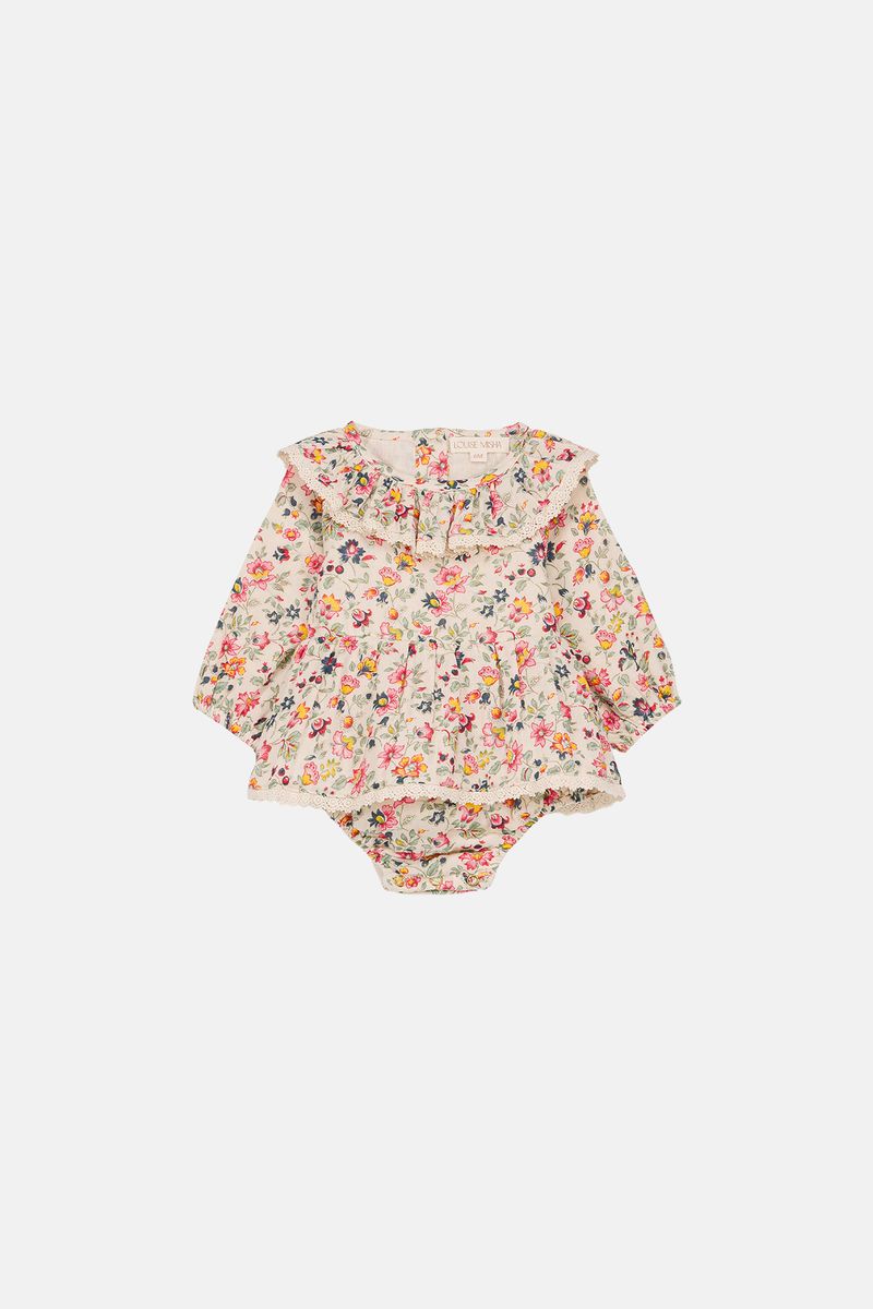 Cream Wild Flowers Ruffled Collar Lace Trim Romper