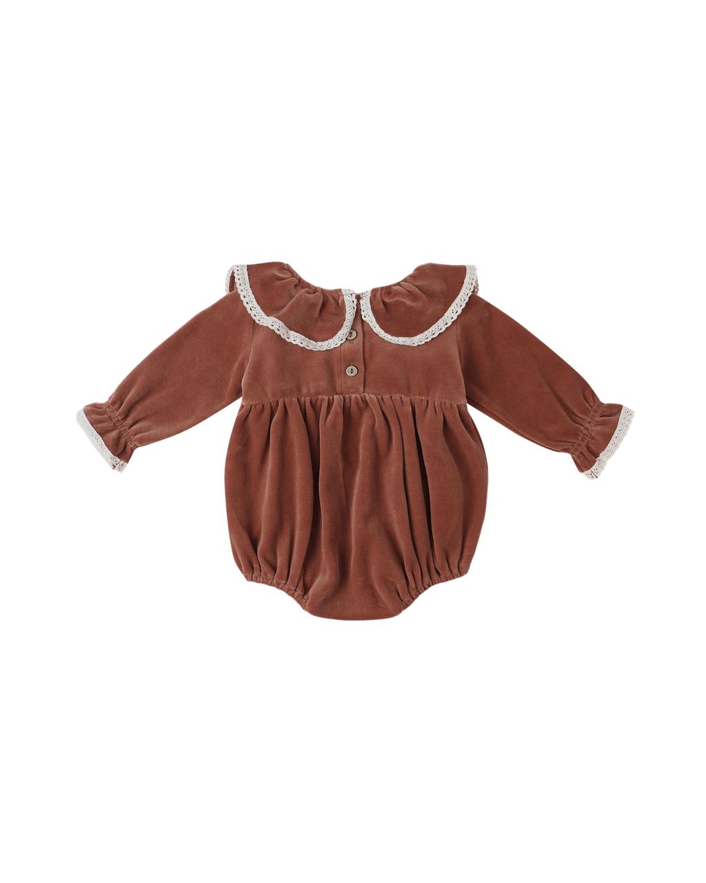 Cranberry Velour Ruffle Collar Lace Trim Long Sleeve Romper