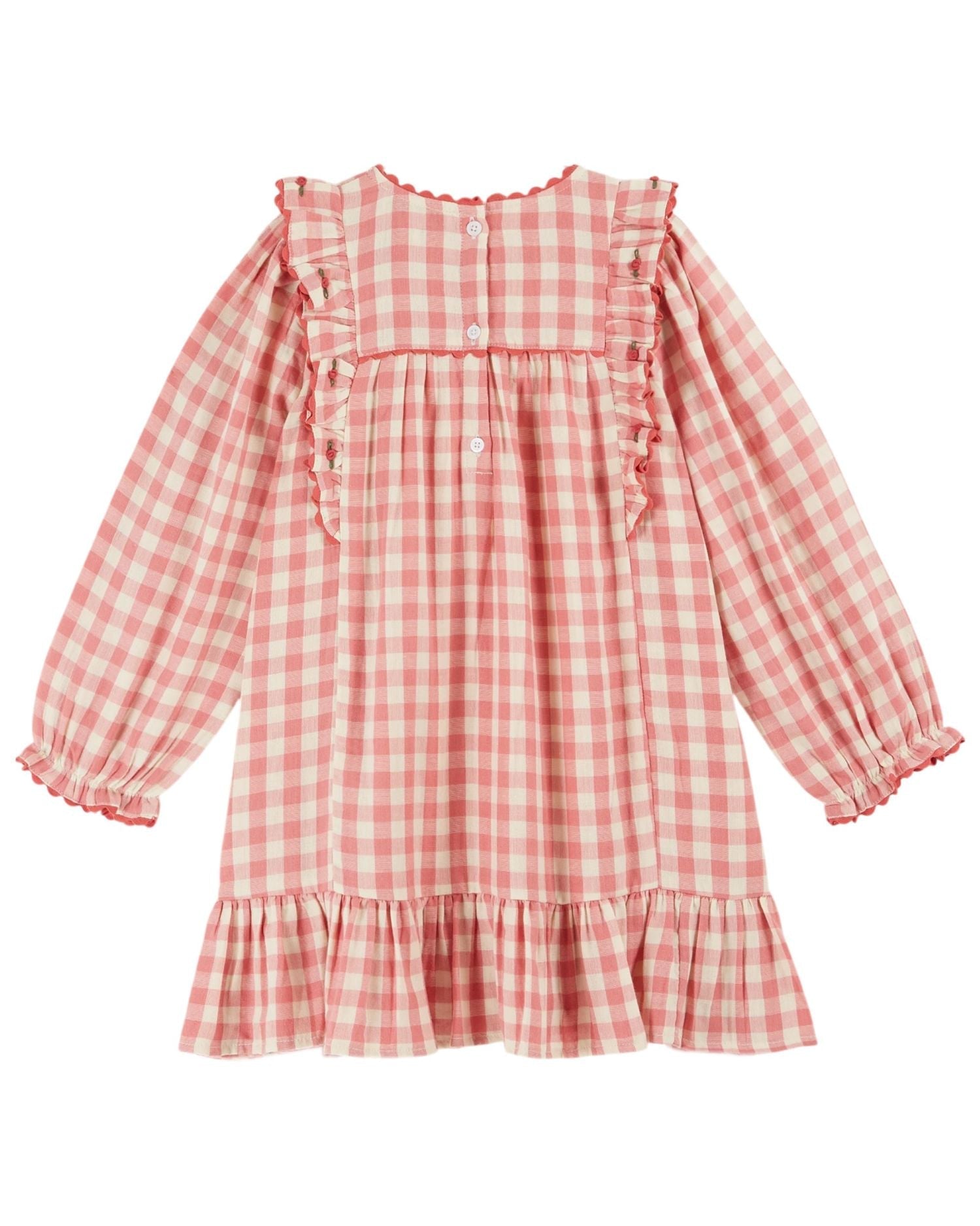 Gingham Vichy Gauze Dress with Embroidered Frills and Crochet Trim