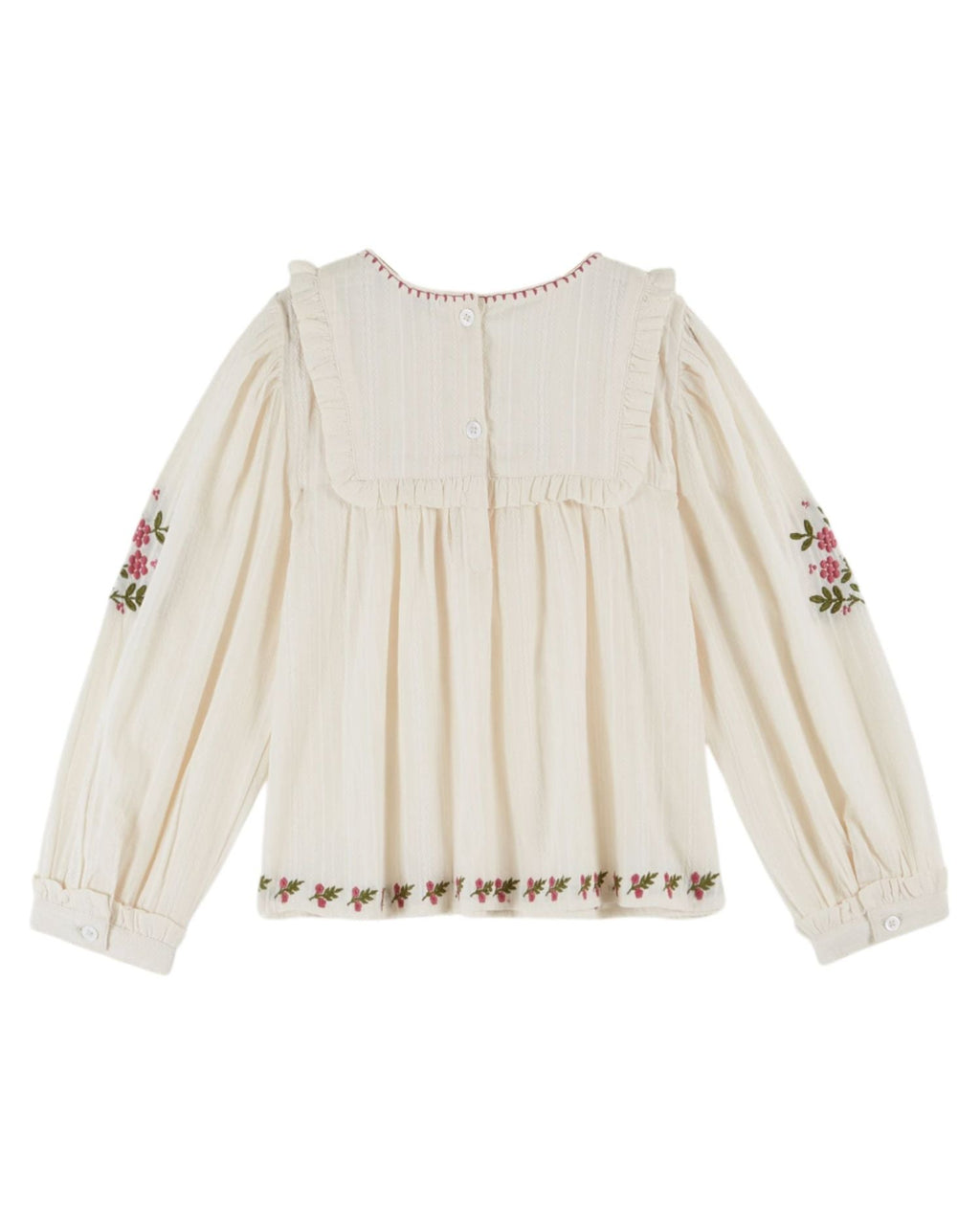 Creme Long Sleeve Scallop Neck Hand Embroidered Flower Blouse