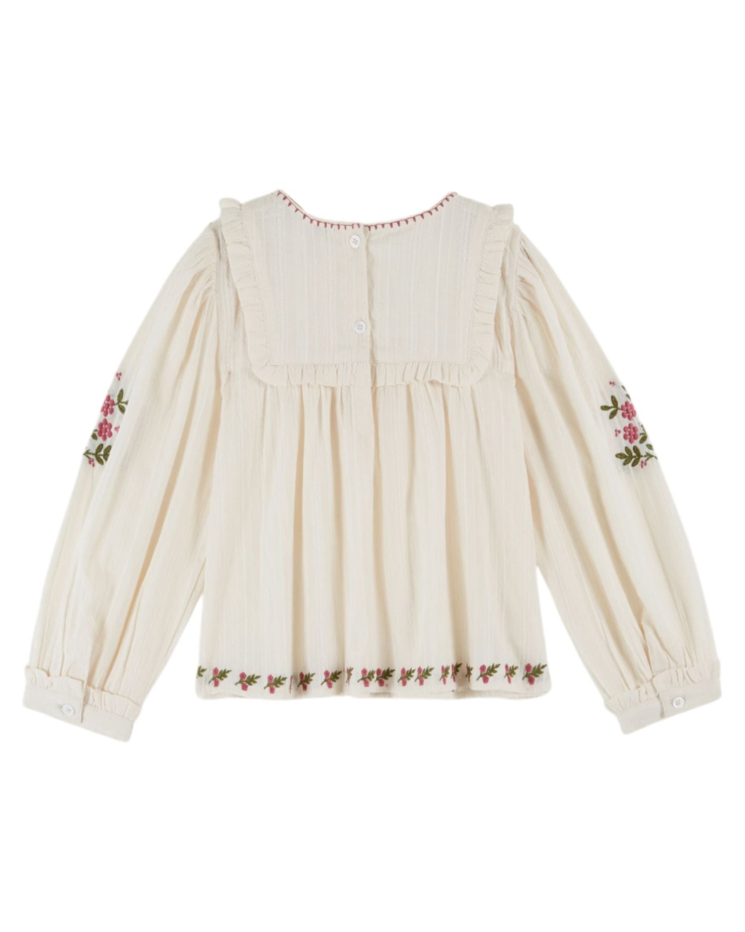 Creme Long Sleeve Scallop Neck Hand Embroidered Flower Blouse