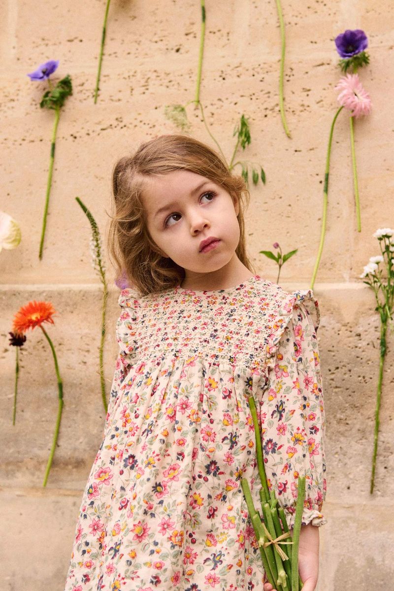 Cream Wild Flowers Double Gauze Smocked Ruffle Long Sleeve Dress