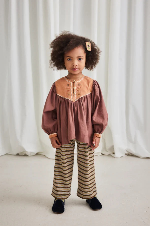 Mousse Cotton Poplin Gathered Yoke Balloon Sleeve Embroidered Top