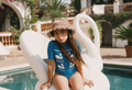 Blue Swans Print Mock Neck Front Zip Short Sleeve Swimsuit