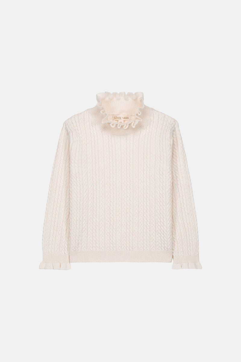 Cream High Mock Collar Cable Knit Sweater with Ruffle Details